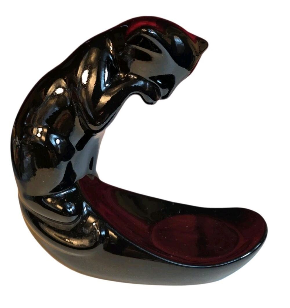 Camark/Royal Haeger Black Cat Fish Bowl Stand 9” glossy black Art Deco/MCM